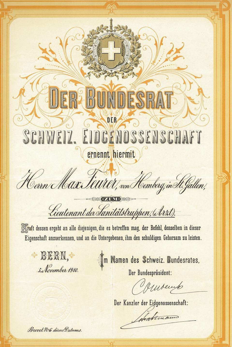 Bundesrat, Ernennungsurkunde Max Feurer zum Lieutenant, 1910