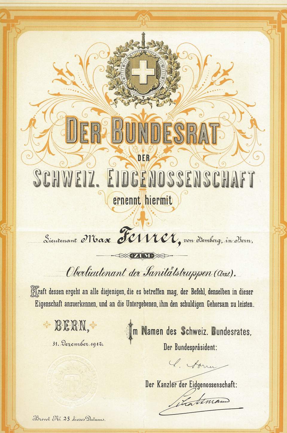  Bundesrat, Ernennungsurkunde Max Feurer zum Oberlieutenant, 1912