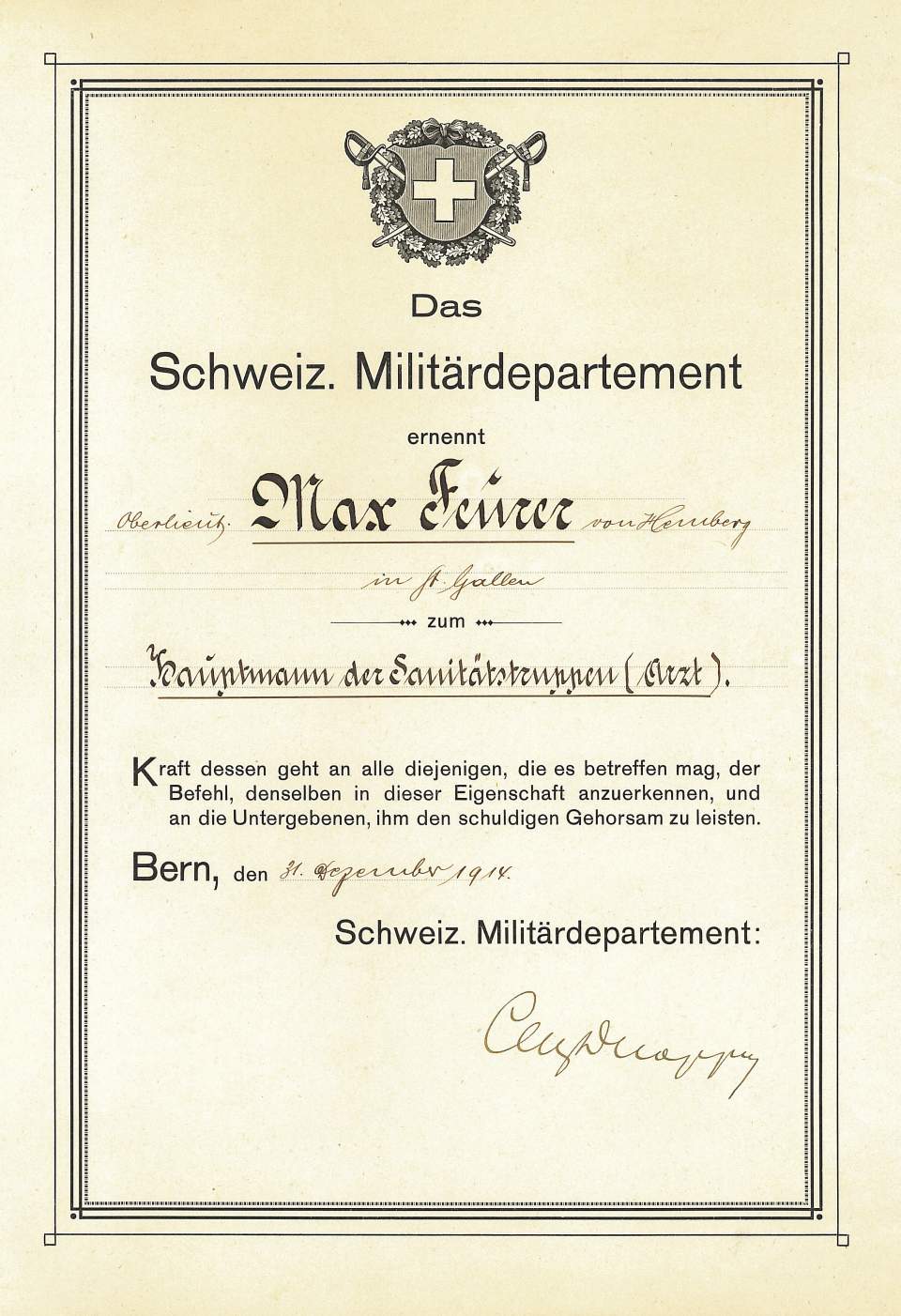 Militärdepartement, Ernennungsurkunde Max Feurer zum Hauptmann, 1914