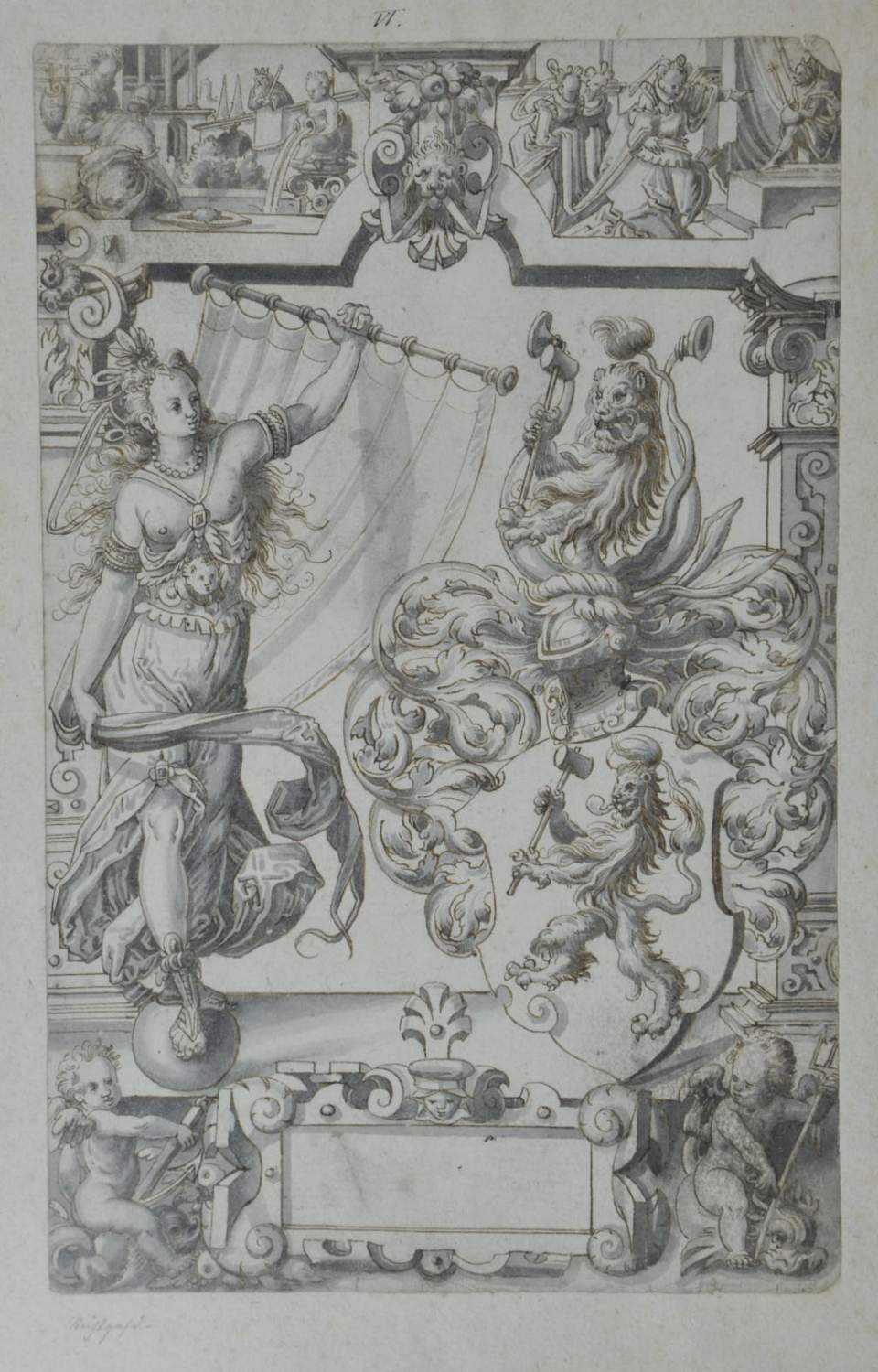 Scheibenriss für Wappenscheibe mit Fortuna