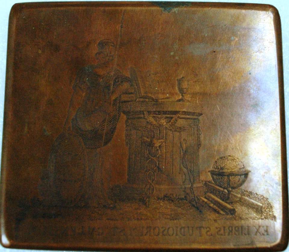 Kupferstichplatte, Minerva mit wissenschaftl. Atrributen
