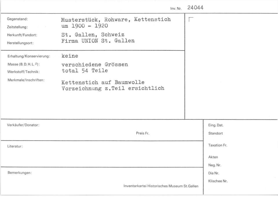 Musterstück, Rohware, Kettenstich