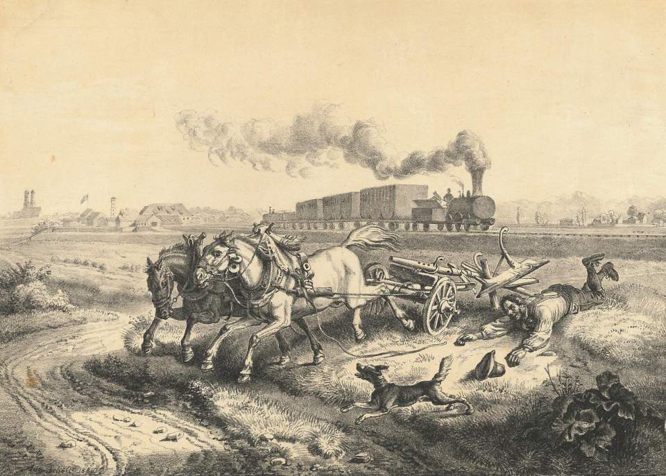 Eine Lithographie, Eisenbahnszene