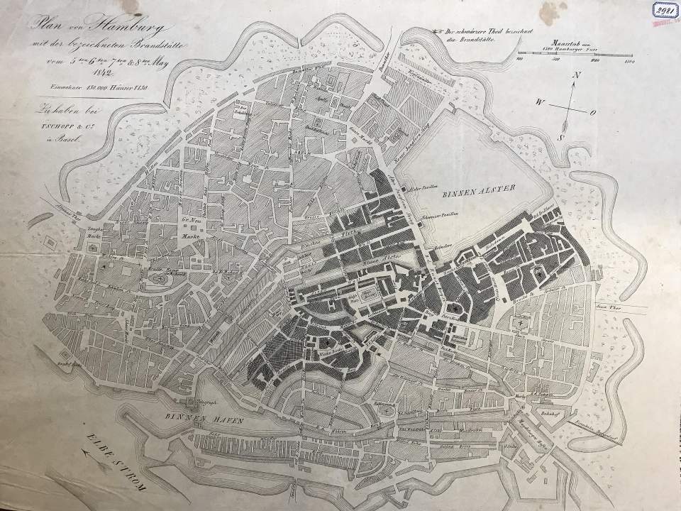 Lithographie Plan von Hamburg mit bezeichneter Brandstätte