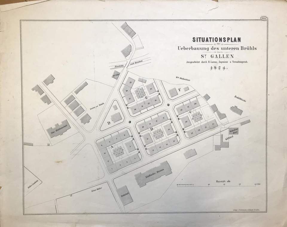 Situationsplan für Überbauung des unteren Brühls St.Gallen 1874