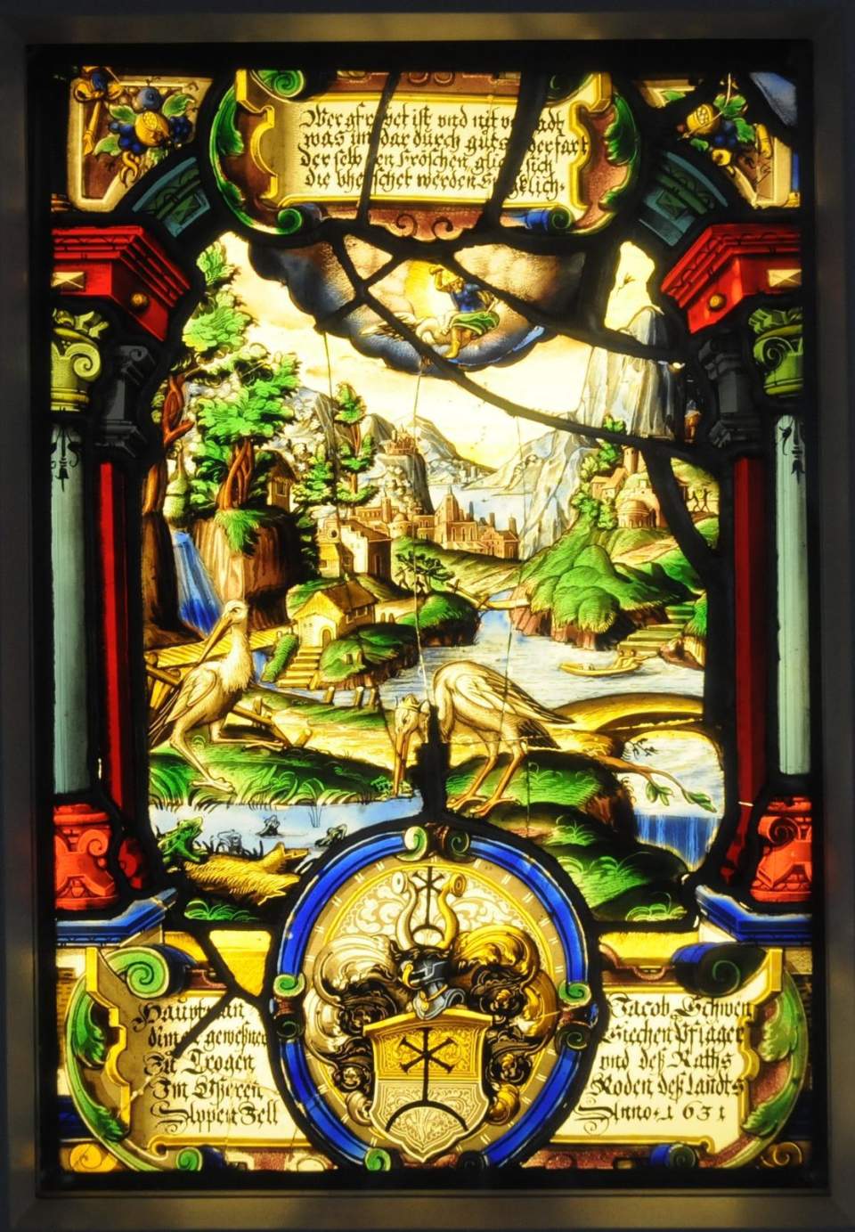 Wappenscheibe von Jacob Schwendimann (Die Frösche, die einen König haben wollten), Glasgemälde