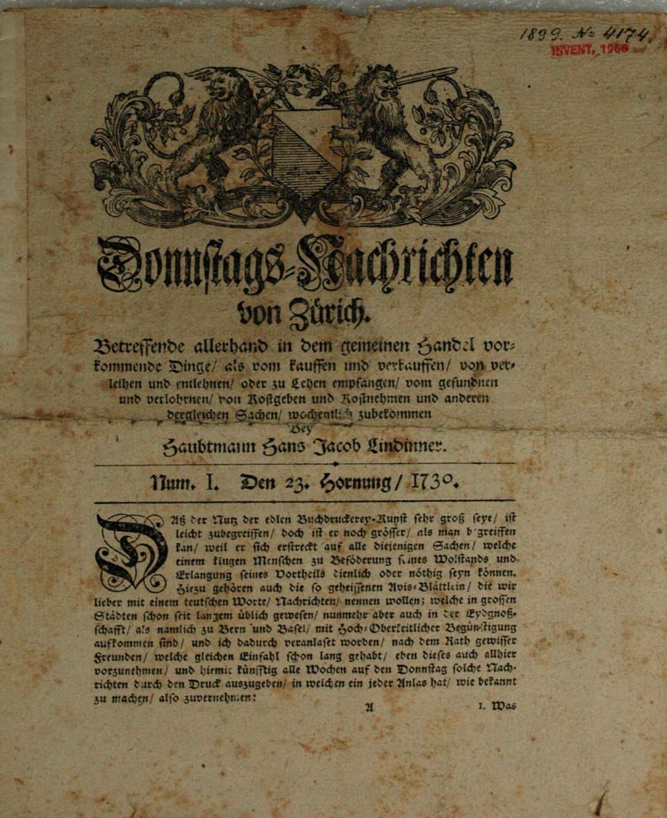 "Donnstags-Nachrichten von Zürich" (1730)