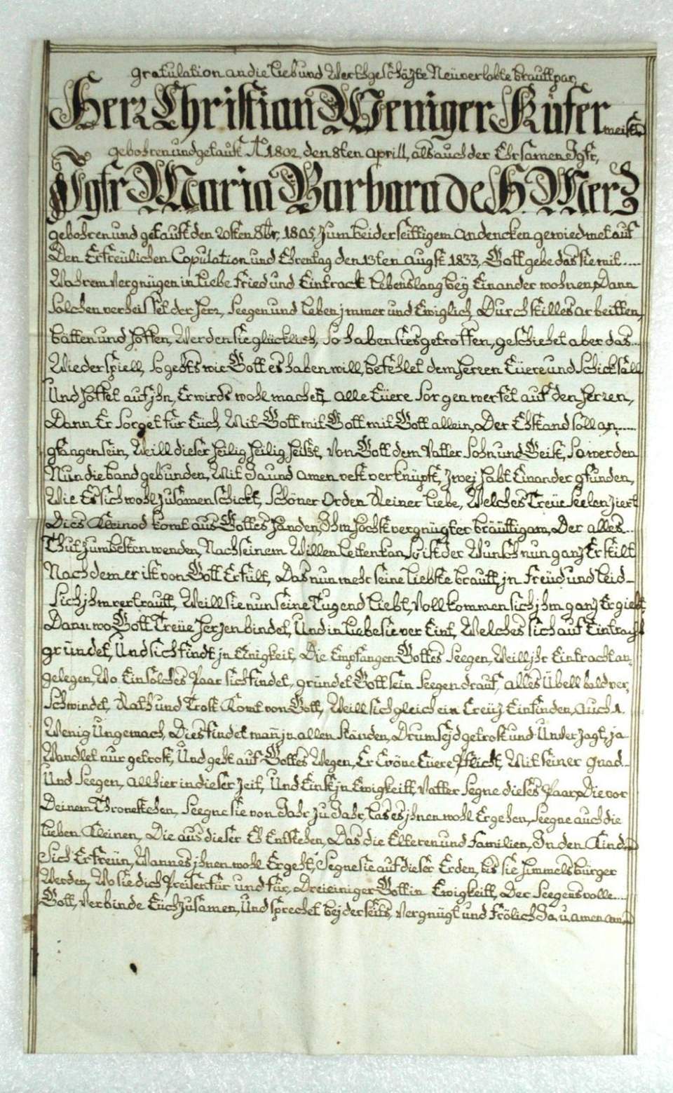Gratulationsschrift für die Brautleute Weniger/ Merz (1833)
