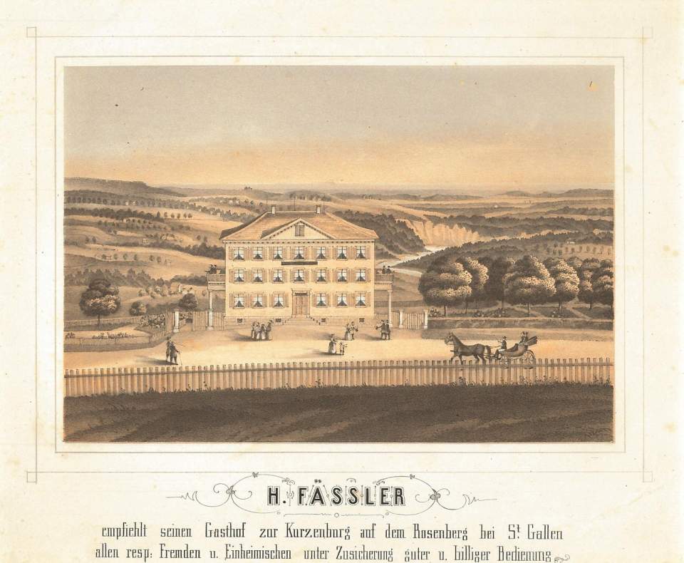 Lithografie, Bild des Gasthof Kurzenburg in St.Gallen