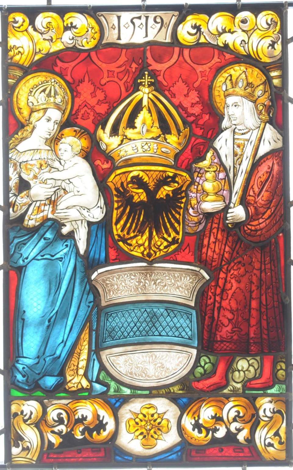 Kopie der Standesscheibe von Zug 1519 aus der Kirche Rheineck (Madonna mit dem Kind, Hl. Oswald), Glasgemälde