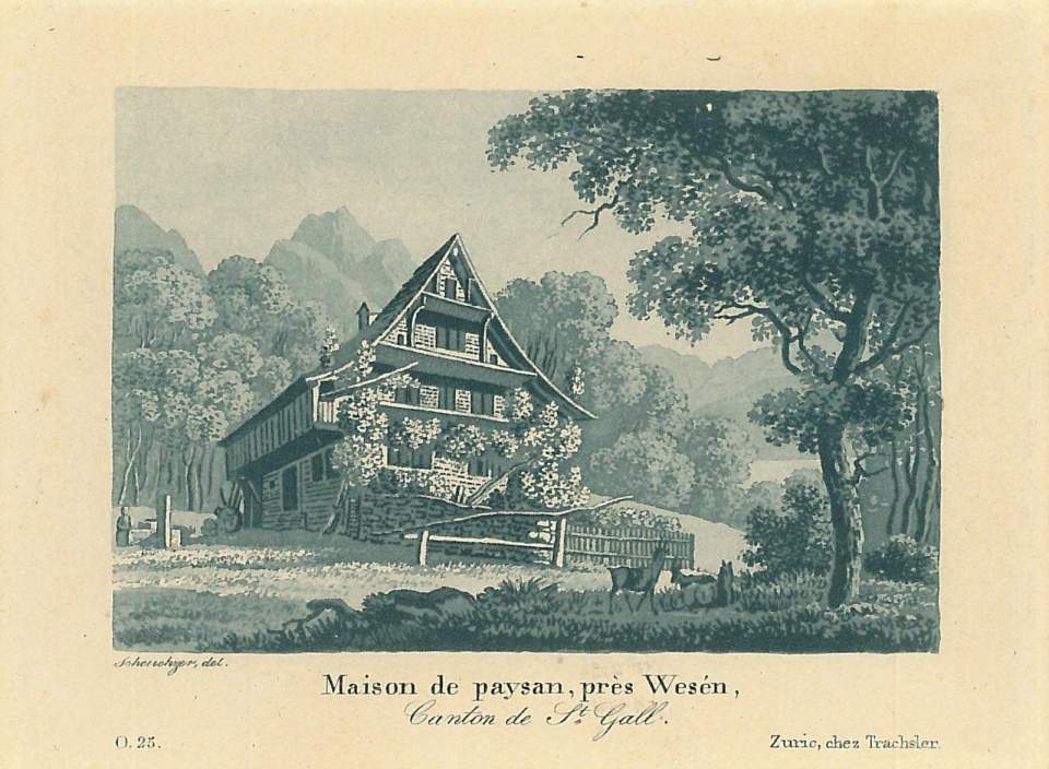 Lithografie, Ansicht Bauernhaus bei Weesen