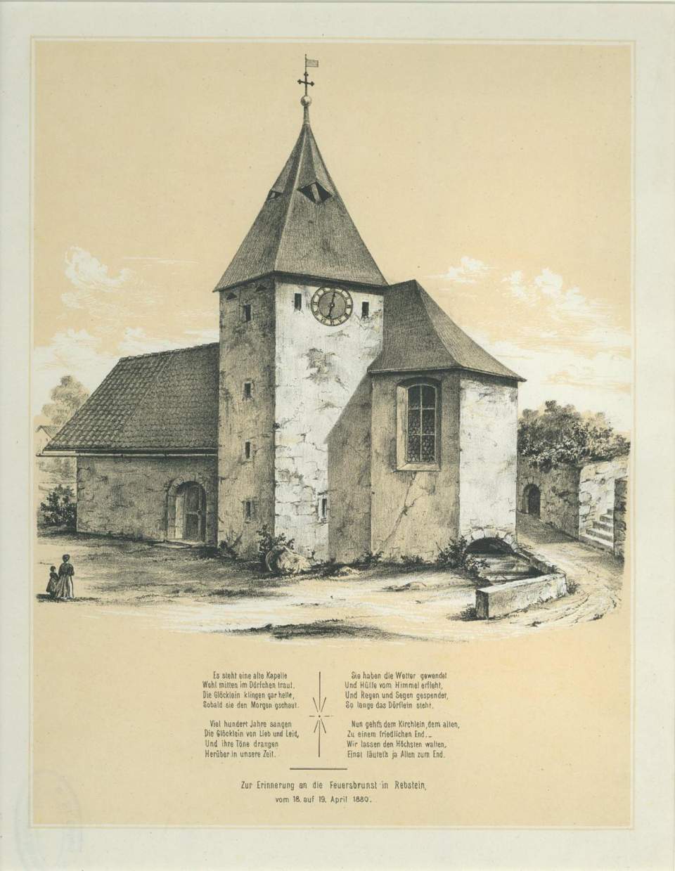 Lithografie, Ansicht der Kirche von Rebstein