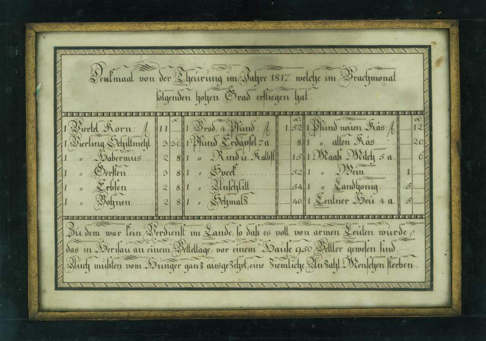 Andenkenblatt an die Teuerung im Jahr 1817