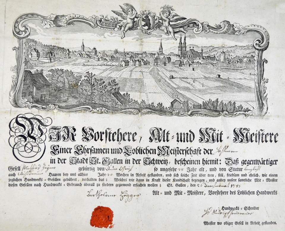 Gesellenbrief der Handwerkerinnung der Hafner  für den Gesellen Mathias Zeyner, St.Gallen, 1785