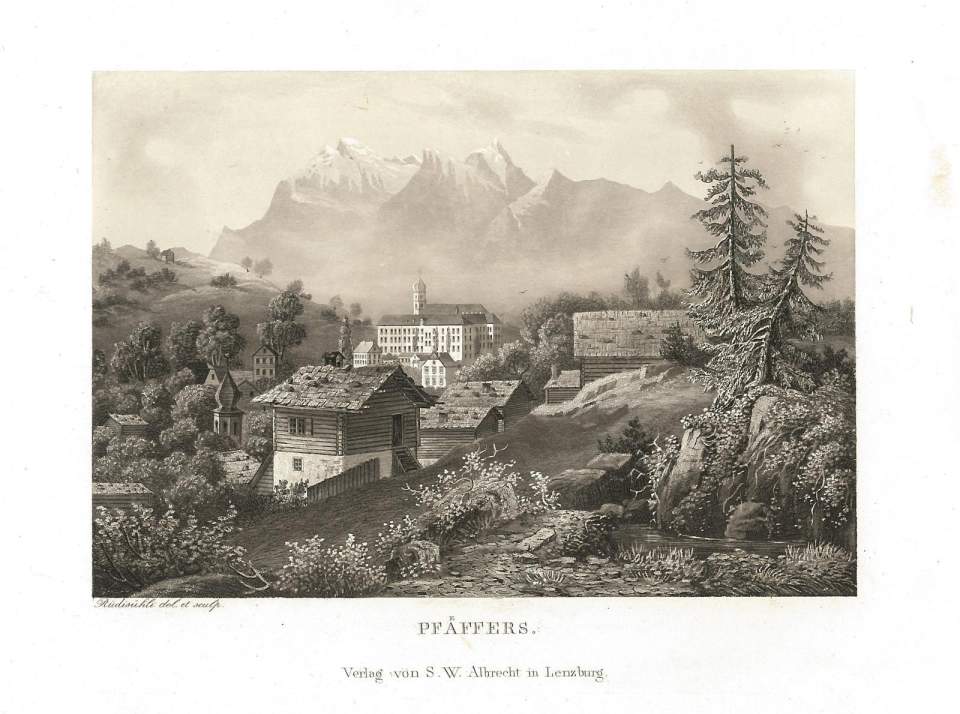 Lithografie, Ansicht des Kloster Pfäfers