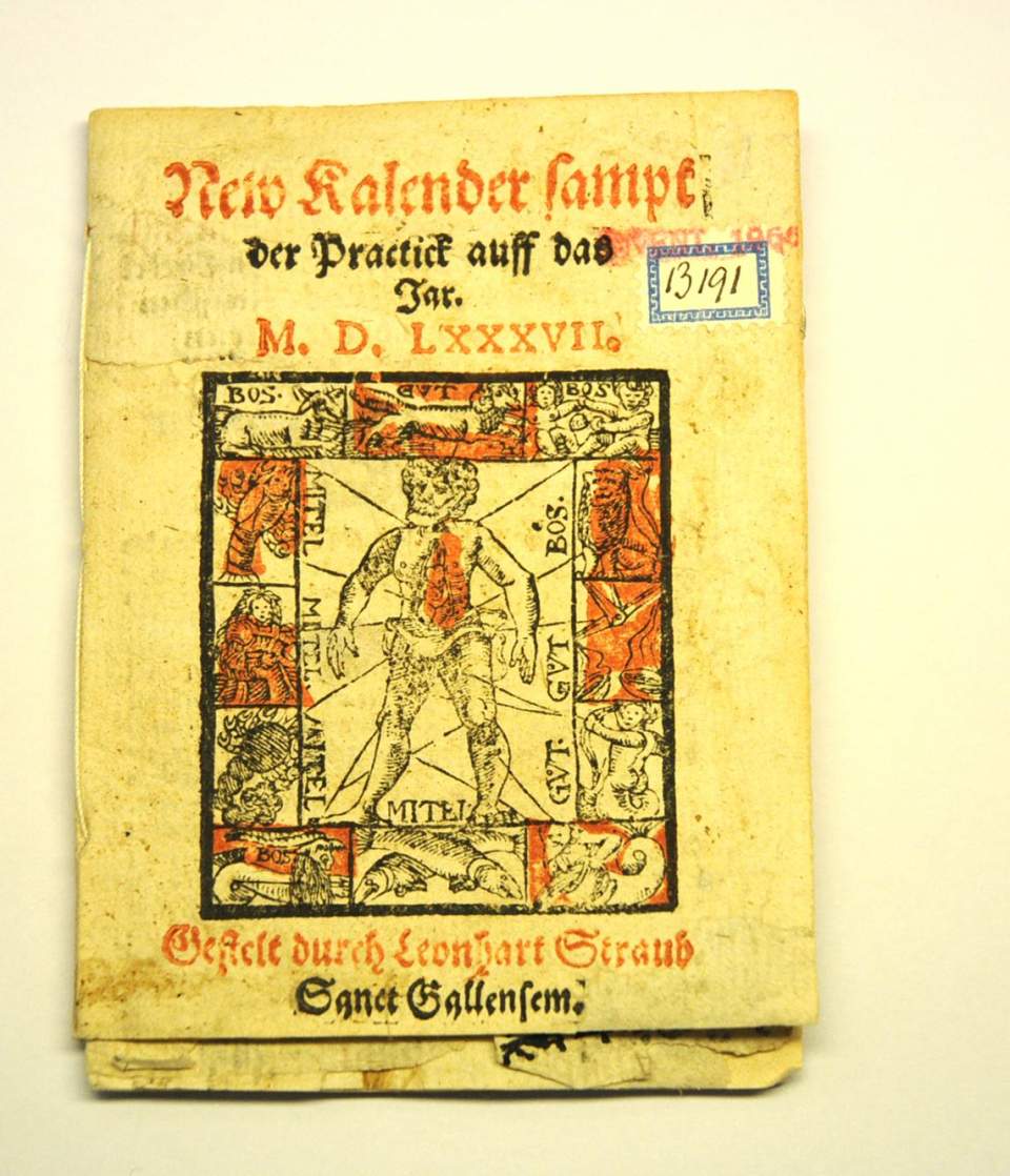Schreibkalender, Kalender gedruckt von Leonhart Straub, St. Gallen, Aderlasskalender, Bauernkalender