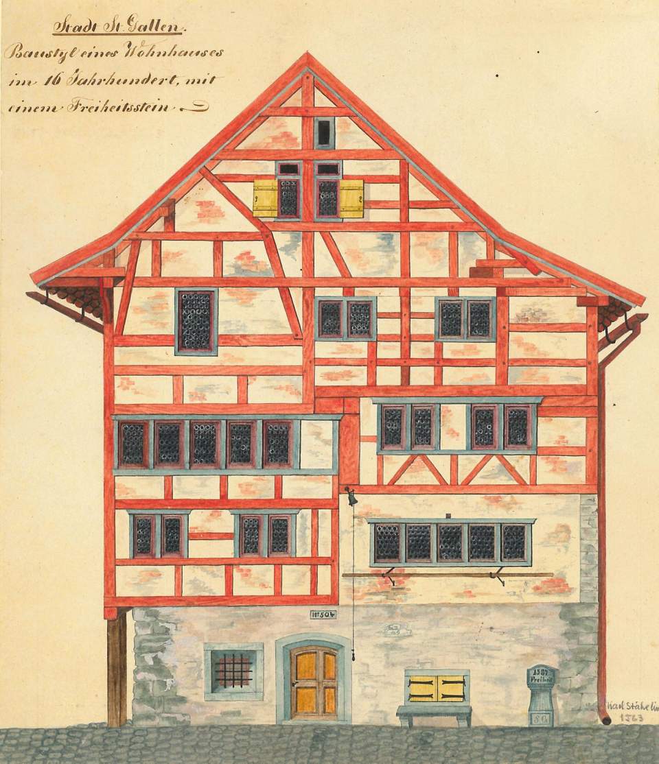 Riegelhaus Kugelgasse 15/17, St.Gallen mit Freiheitsstein