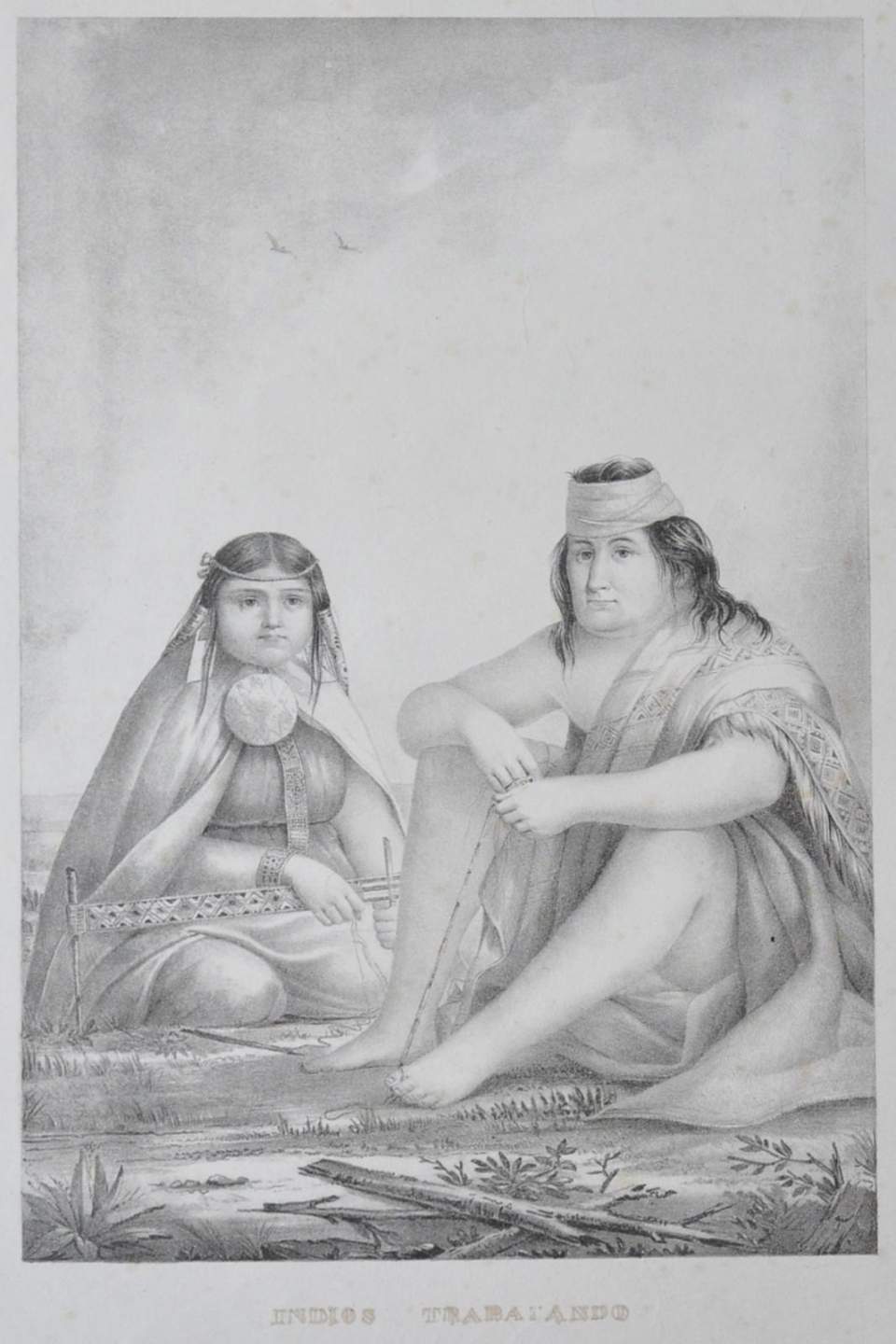 Lithografie, 2 sitzende Indios, Frau und Mann