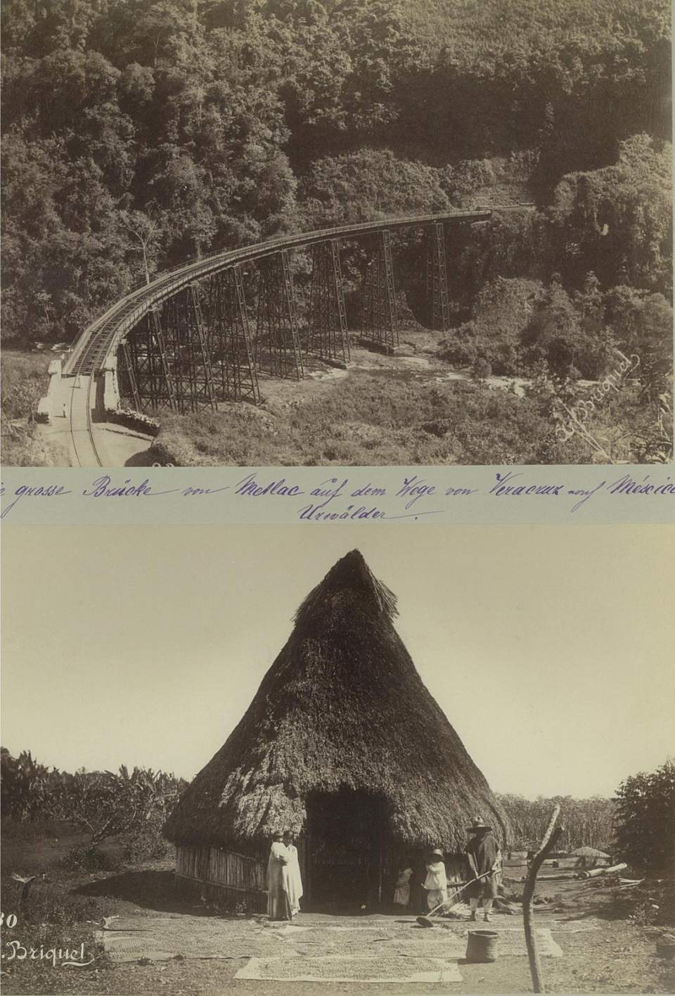 2 Fotografien, Eisenbahnbrücke von Metlac, Indianerhütte, Mexiko