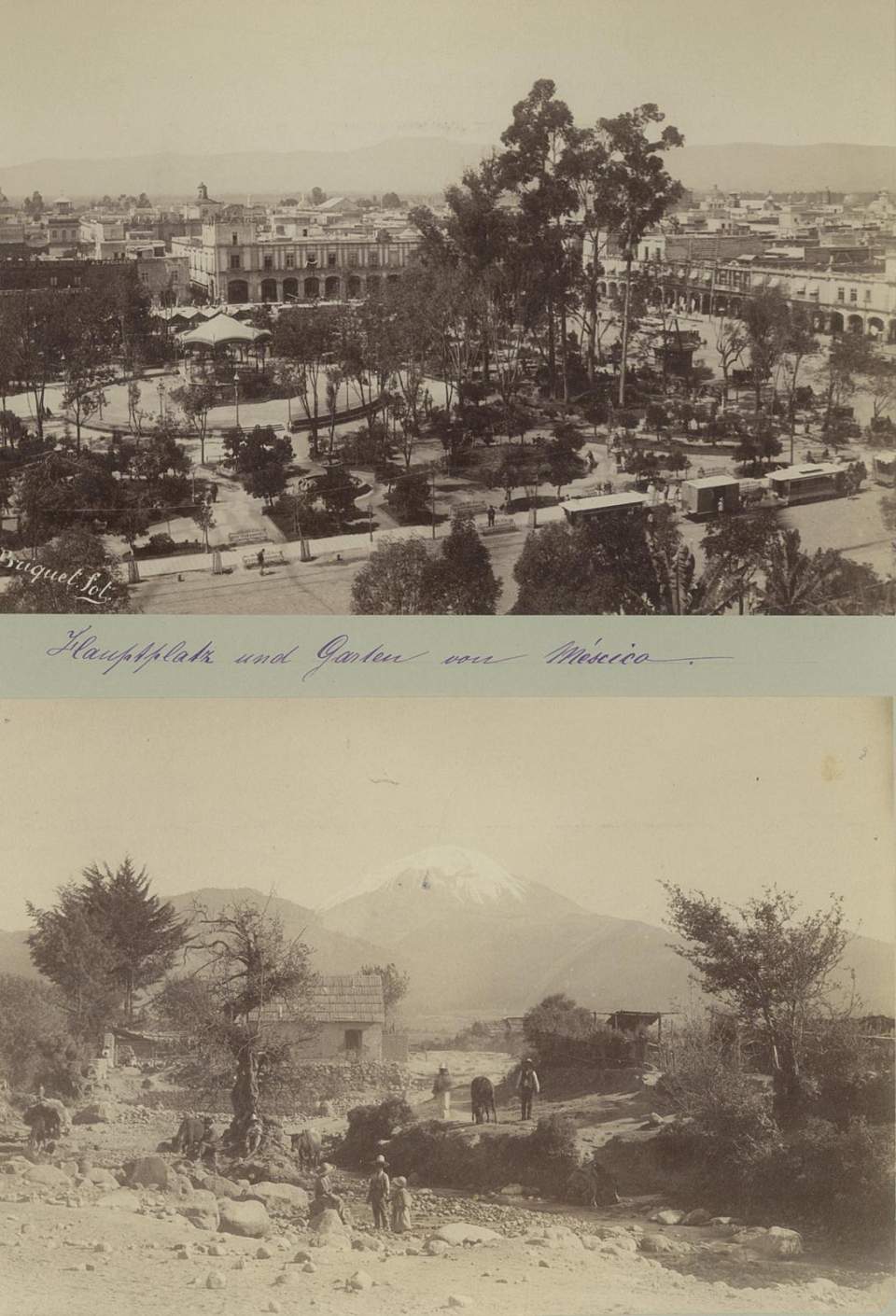 2 Fotografien, Hauptplatz und Garten Mexiko, Popocatepetl