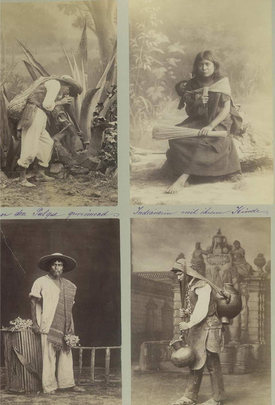 4 Fotografien, Indianer, Kind, Blumenverk., Wasserträger, Mexiko