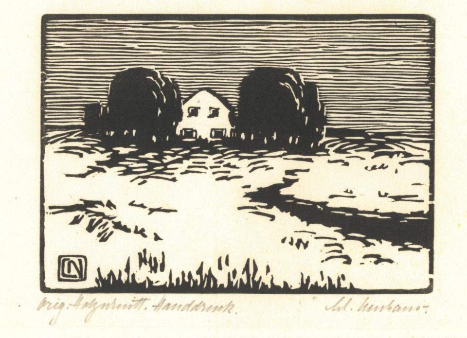 Holzschnitt "Landschaft mit Haus und Bäumen"