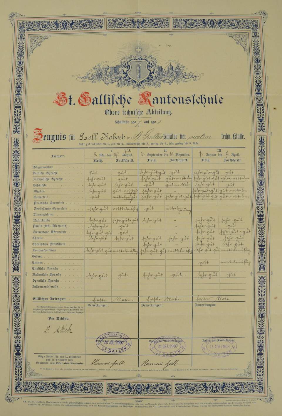 Schulzeugnis der Kantonsschule St. Gallen für Robert Gsell