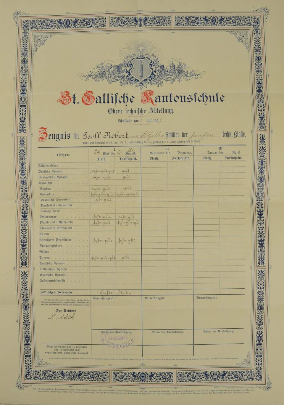 Schulzeugnis der Kantonsschule St. Gallen für Robert Gsell