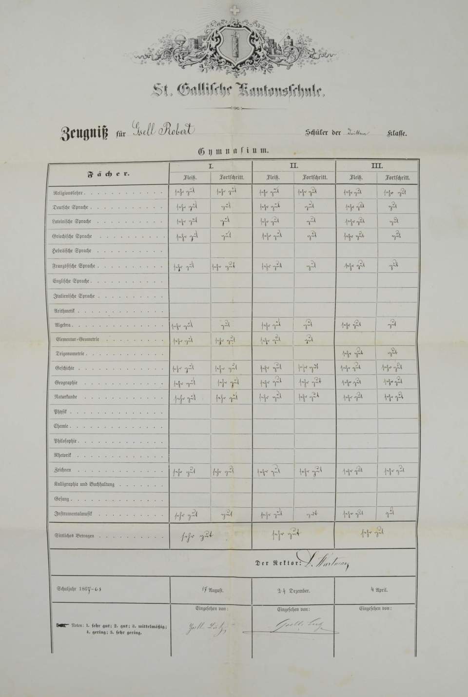 Schulzeugnis der Kantonsschule St. Gallen für Robert Gsell