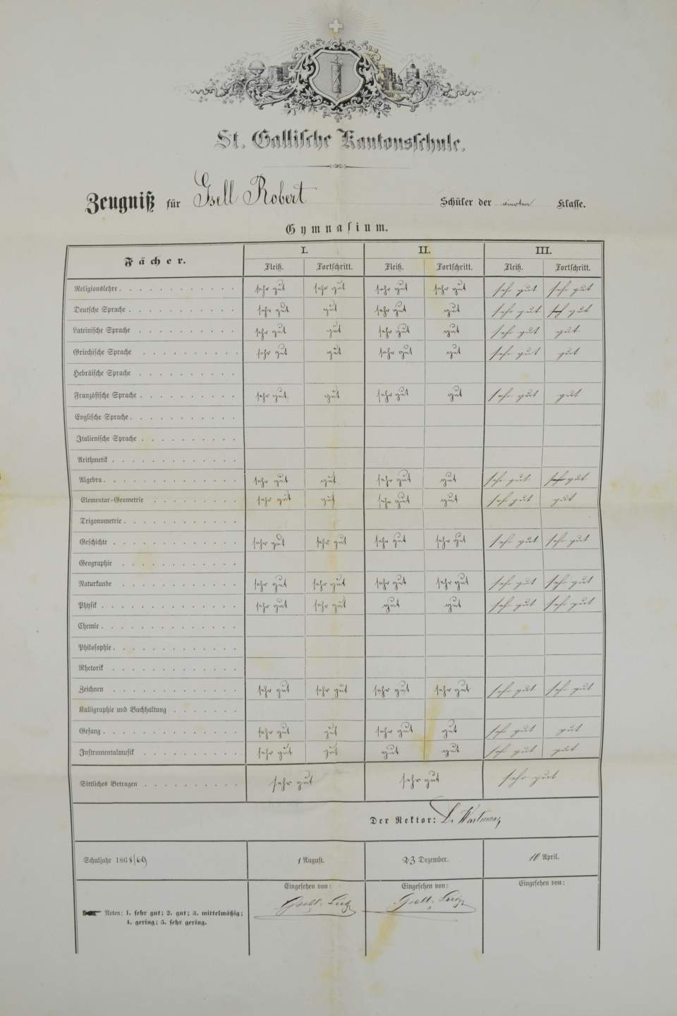 Schulzeugnis der Kantonsschule St. Gallen für Robert Gsell