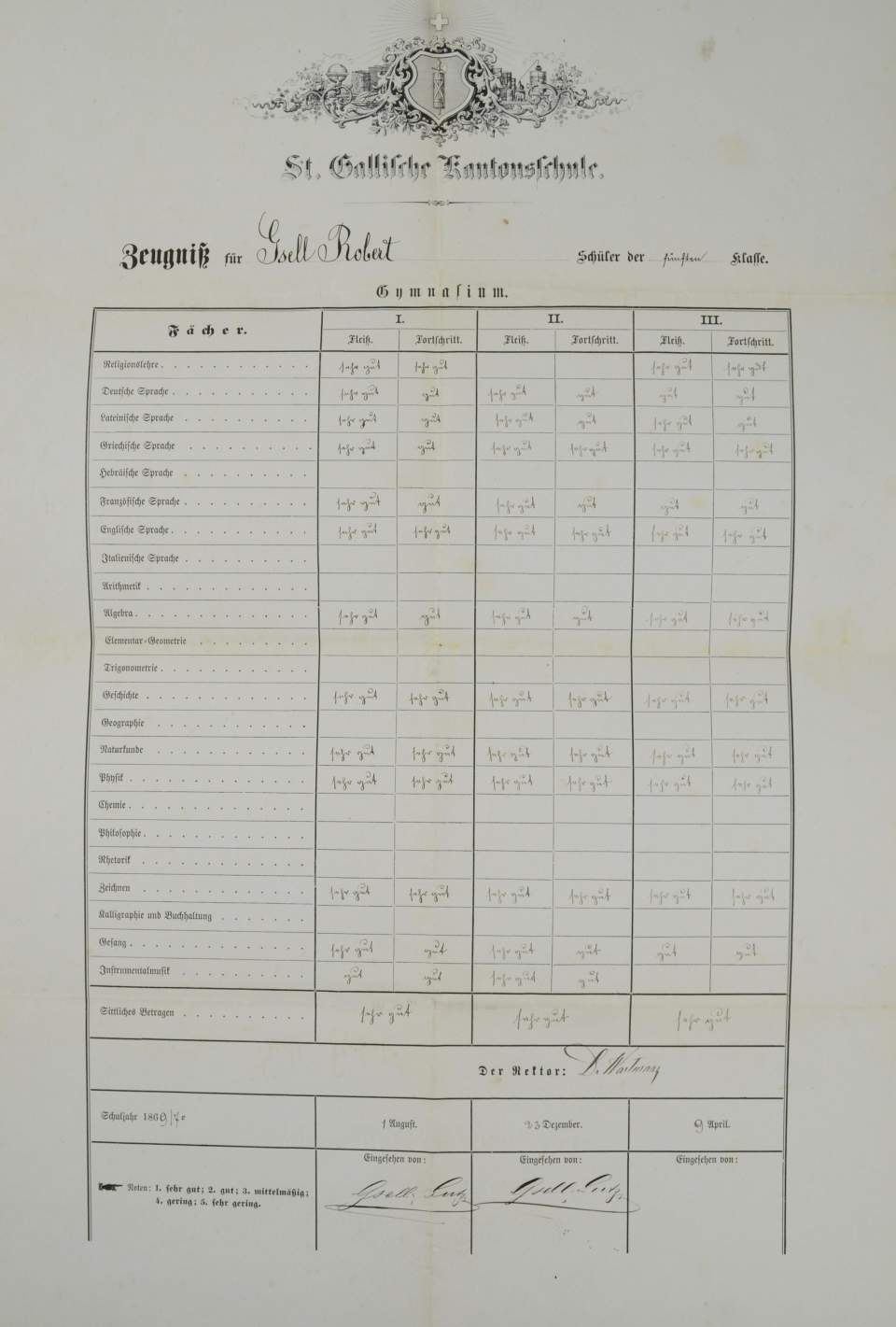 Schulzeugnis der Kantonsschule St. Gallen für Robert Gsell