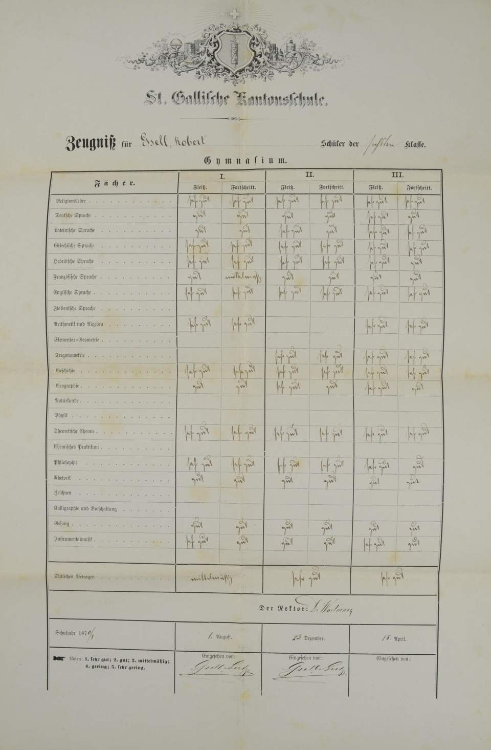 Schulzeugnis der Kantonsschule St. Gallen für Robert Gsell