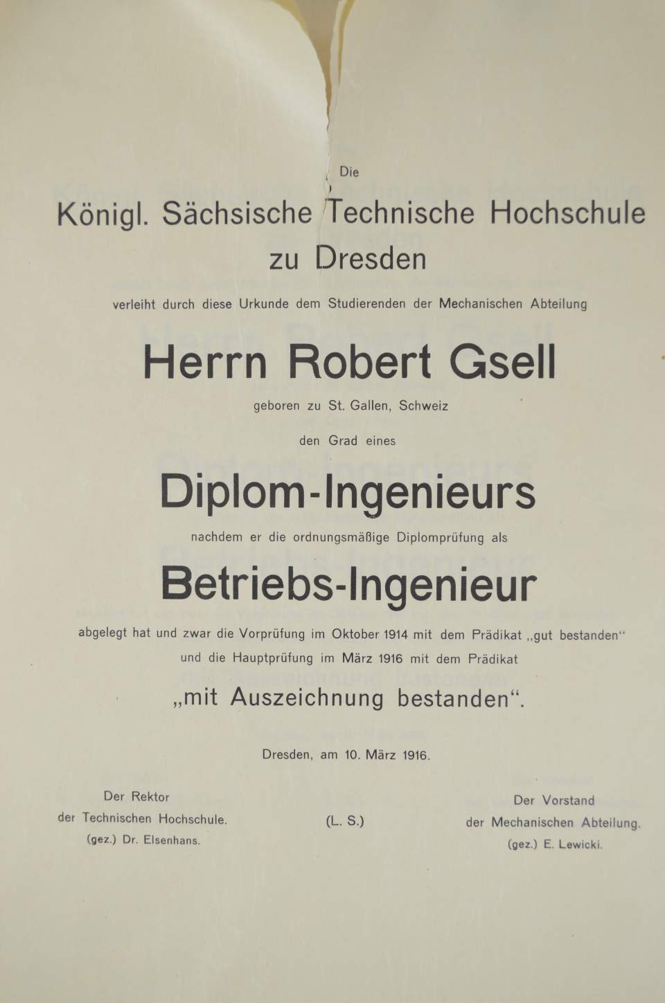 Kopie, Ingenierusdiplom für Robert Gsell