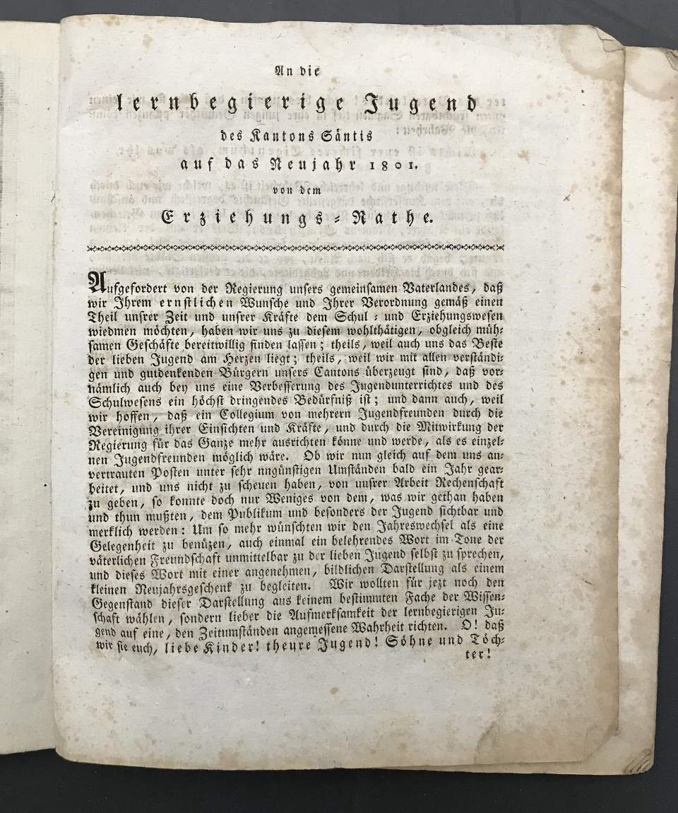 Buch An die lernbegierige Jugend des Kantons Säntis auf das Neujahr 1801 vom Erziehungsrat