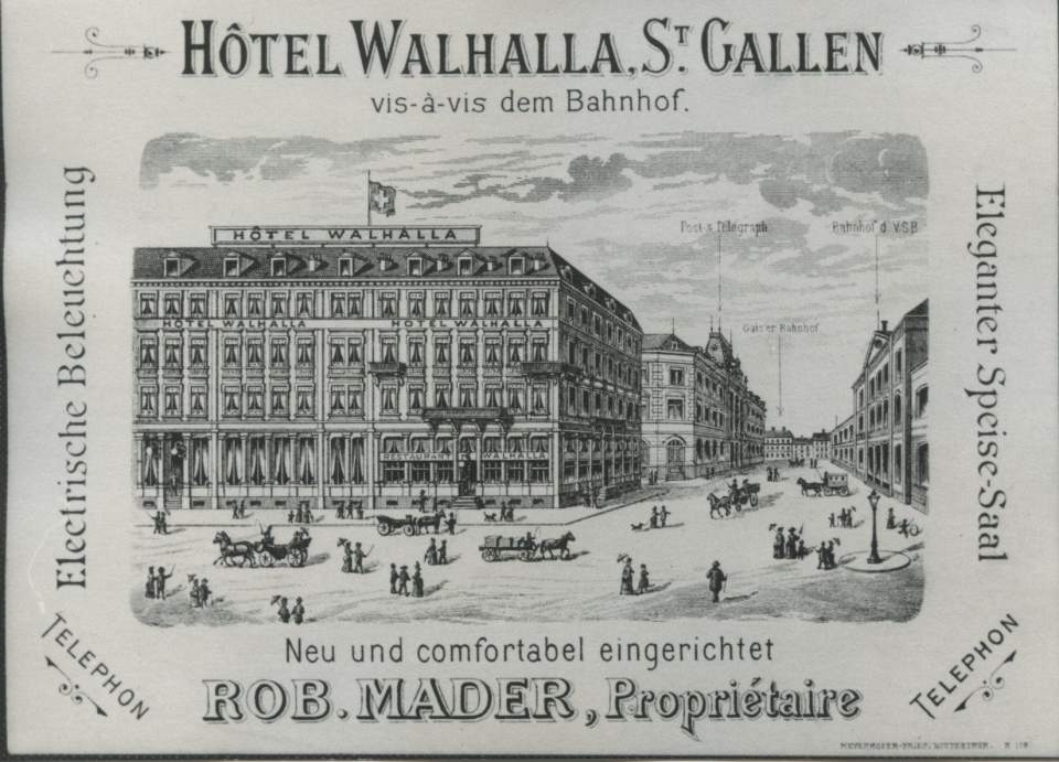 Repro einer Postkarte, Hotel Walhalla