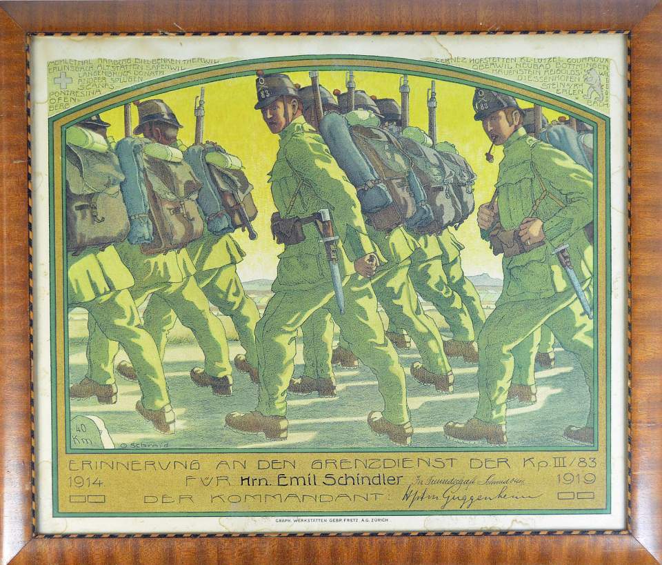 Lithografie «Erinnerung an den Grenzdienst der Kp.III/83 für Hrn. Emil Schindler». 