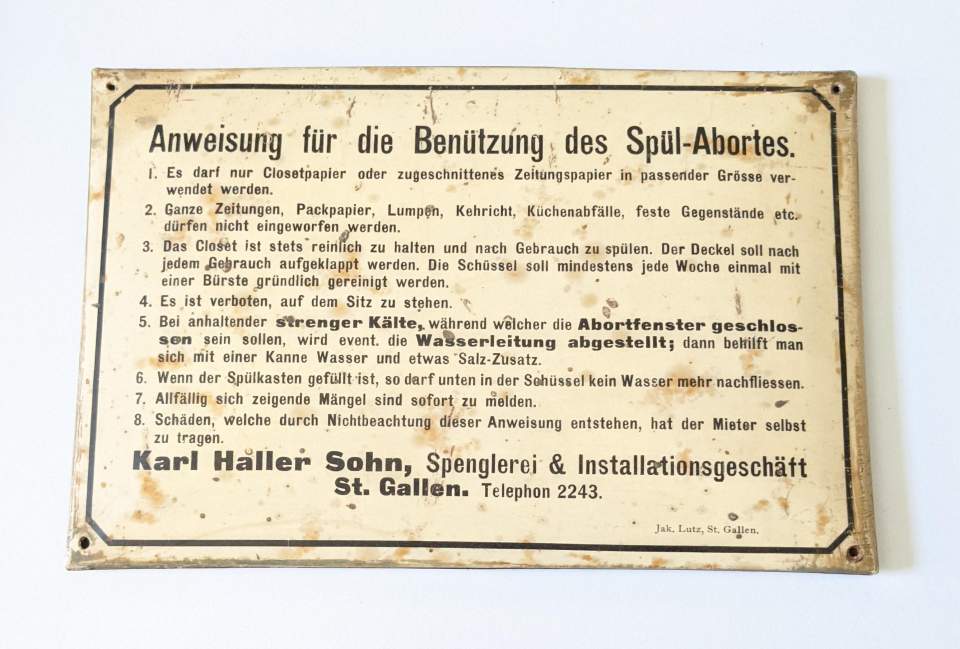 Schild Anweisung für die Benützung des Spül-Abortes