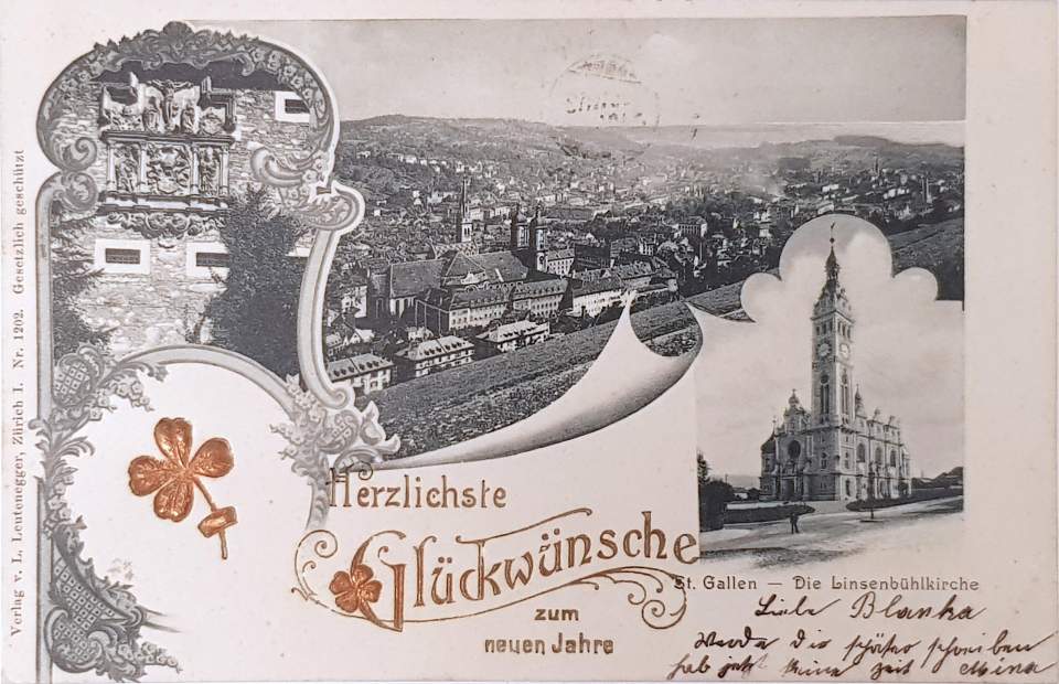 Ansichtskarte von St.Gallen mit Linsenbühlkirche und Karlstor, Neujahrskarte, Postkarte