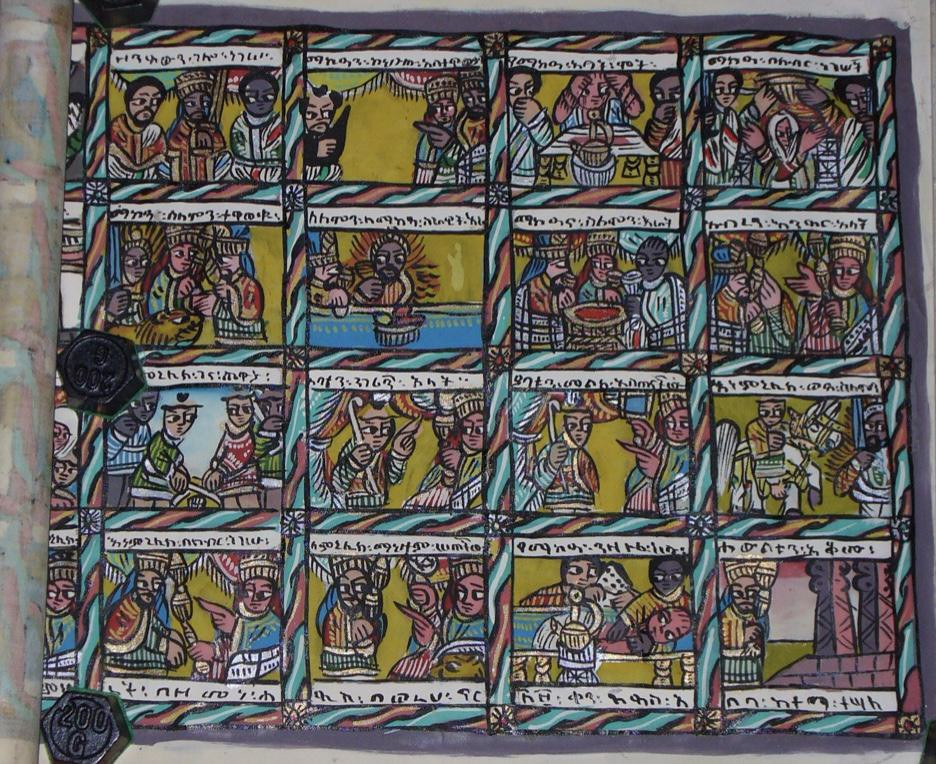 Farbige Bildrolle aus der äthiopischen Volksmalerei mit der Geschichte von König Salomo und Königin Saba 