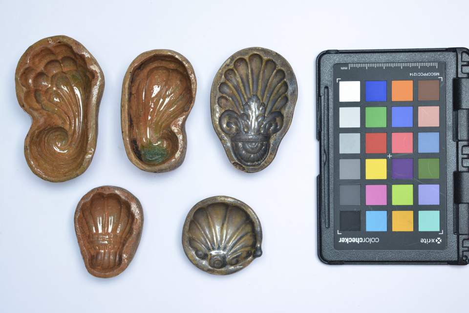 Backformen mit Muschelmotiven aus der Sammlung der Konditorei Burkart in St.Gallen, Bibermodel