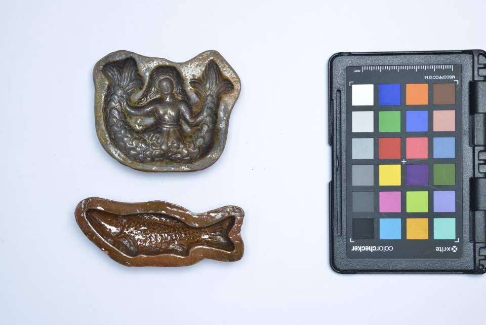 Gebäckmodel mit Fisch und Meerjungfrau aus der Sammlung der Konditorei Burkart in St.Gallen, Bibermodel