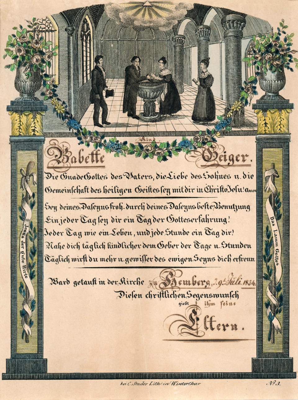 Taufschein der Babette Geiger aus Hemberg, Taufbrief