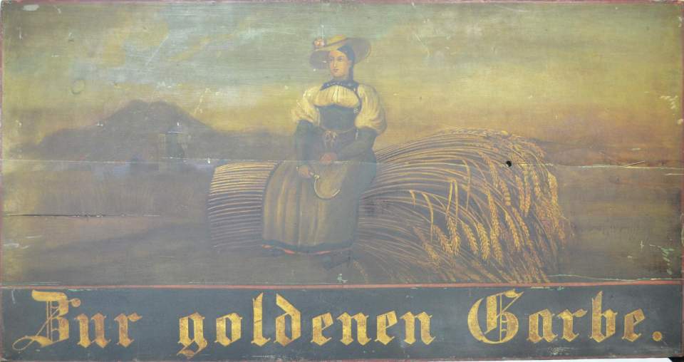 Wirtshausschild Taverne "Zur goldenen Garbe", Langgasse 45, St.Gallen; 1845