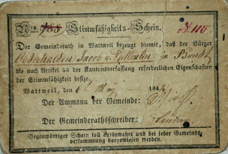 Stimmausweis von J.Abderhalden, Wattwil 1842