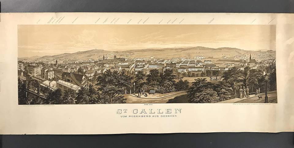 Lithographie nach Fotografie  Ansicht St. Gallen vom Rosenberg aus. L. Marty und Ämstein